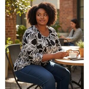 JM Collection Womens Plus Size XXL Black White Floral Long Sleeve Top Tunic